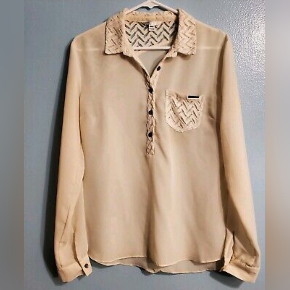 Volcom Creme Lace Long Sleeve Collared Blouse